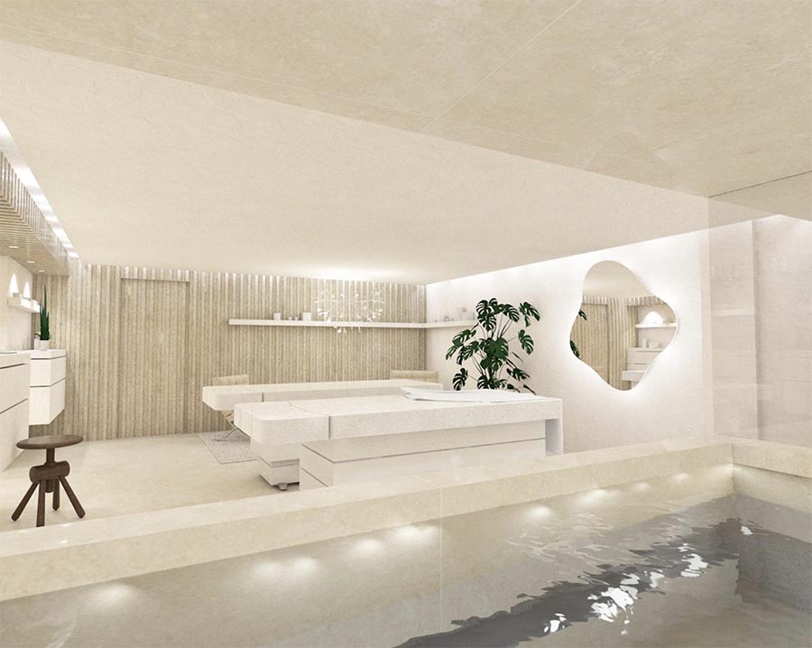 Spa moderne avec bassin d'eau et décoration minimaliste en pierre blanche - hôtel spa la rochelle