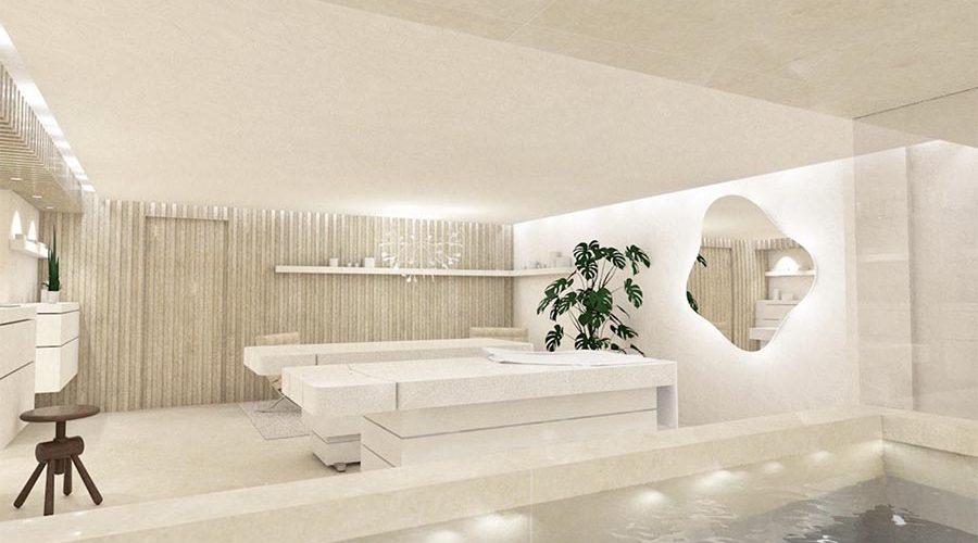 Modern spa with water basin and minimalist decoration in white stone - hôtel spa la rochelle